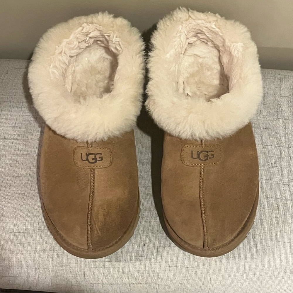 UGG Women's Brown and Cream Sheepskin Slippers - Picture 2 of 5